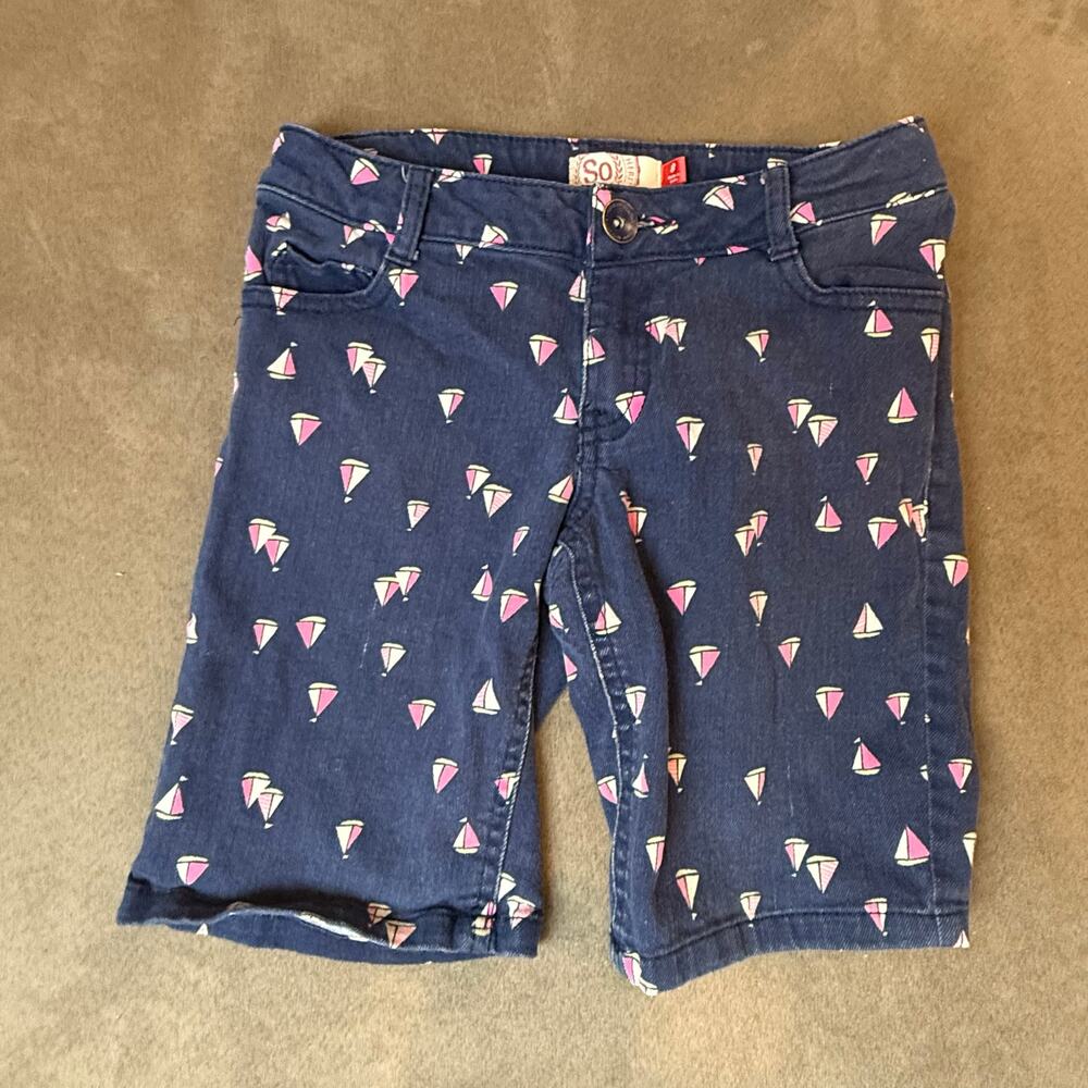 So Girls Denim Stretch Shorts Size 8 Blue Sailboat Print Nautical Cute